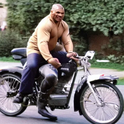 Image similar to mike tyson riding very very small bike