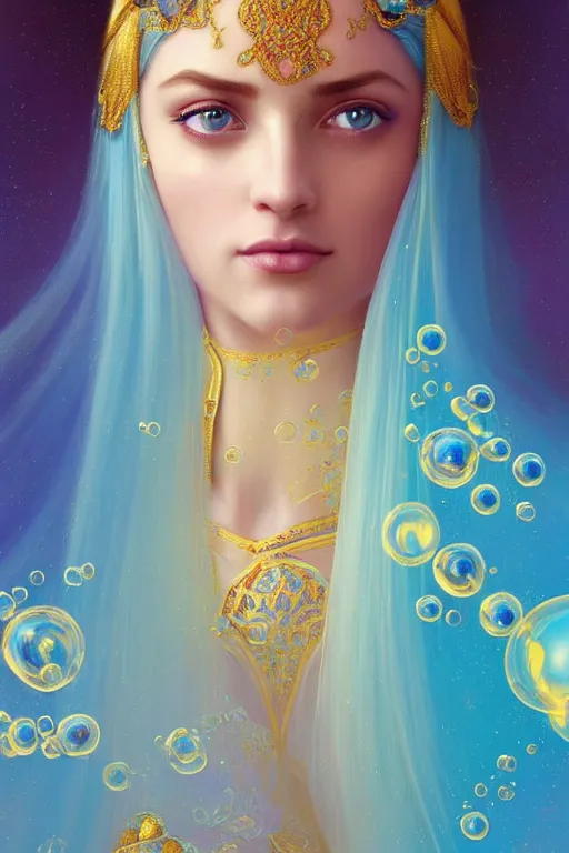 Prompt: portrait of an arabian princess, fantasy, gradient yellow cyan blue, dreamy and ethereal, blue eyes, golden ratio, peaceful expression, ornate frilly dress, fantasy, intricate, elegant, rainbow bubbles, highly detailed, digital painting, artstation, concept art, smooth, b sharp focus, illustration, art by artgerm and greg rutkowski and alphonse mucha