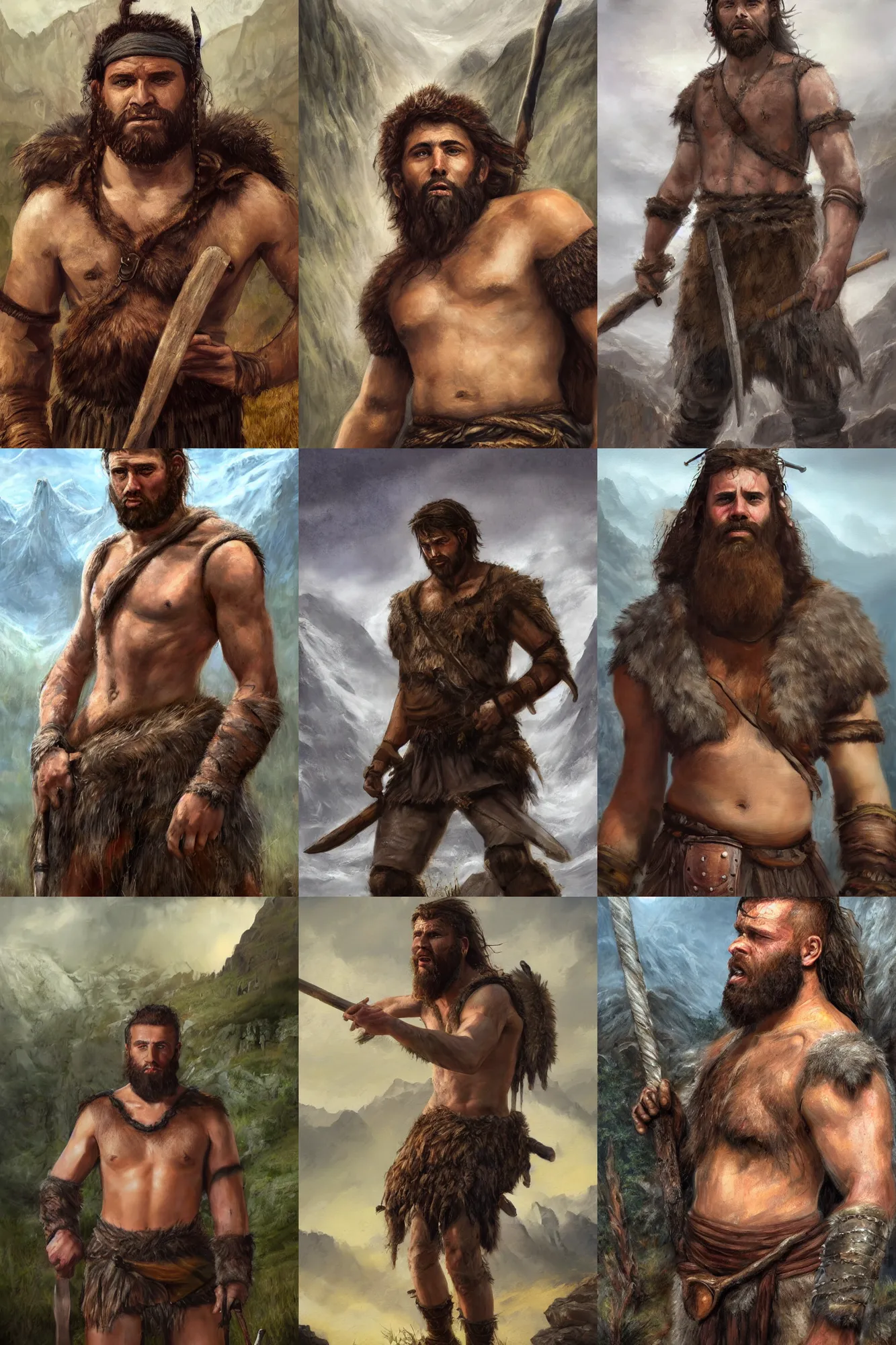 Prompt: a full body high detail fantasy portrait oil painting illustration of a single young rugged stoic barbarian man by Justin Sweet with face and body clearly visible, in a scenic background, pupils visible, realistic proportions, d&d, rpg, forgotten realms, artstation trending, high quality, sombre mood, artstation trending, muted colours, no crop, entire person visible!, natural light, Adobe Photoshop, Adobe Lightroom, photolab, Affinity Photo,