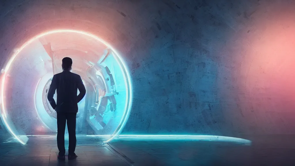 Image similar to movie scene of a man standing in front of a multiverse machine, movie still, cinematic composition, cinematic light, pastel color scheme, by andrzej zuławski