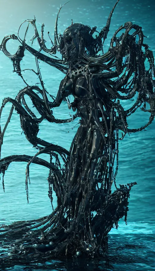 Image similar to a biomechanical sea witch emerging from the ocean, made up of bits of black metal and plastic, shiny, wet, made of nanofibres, metallic, cyberpunk, post apocalyptic, hyper realistic, epic, beautiful composition, octane render, unreal engine render, 8k, super detailed, SLICK!!