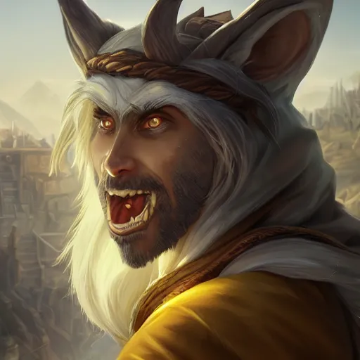 Image similar to portrait of young wild arabian nomad half werewolf, with yellow cloths, league of legends splash art, castlevania, hearthstone splash art, full body shot, rule of thirds, ultrafine hyperrealistic detailed face, artgerm, greg rutkowski, trending on artstation, 8 k, intricately detailed, highly detailed