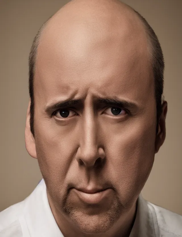 Image similar to portrait of bald nicolas cage neutral expression face straight on headshot even lighting no hair