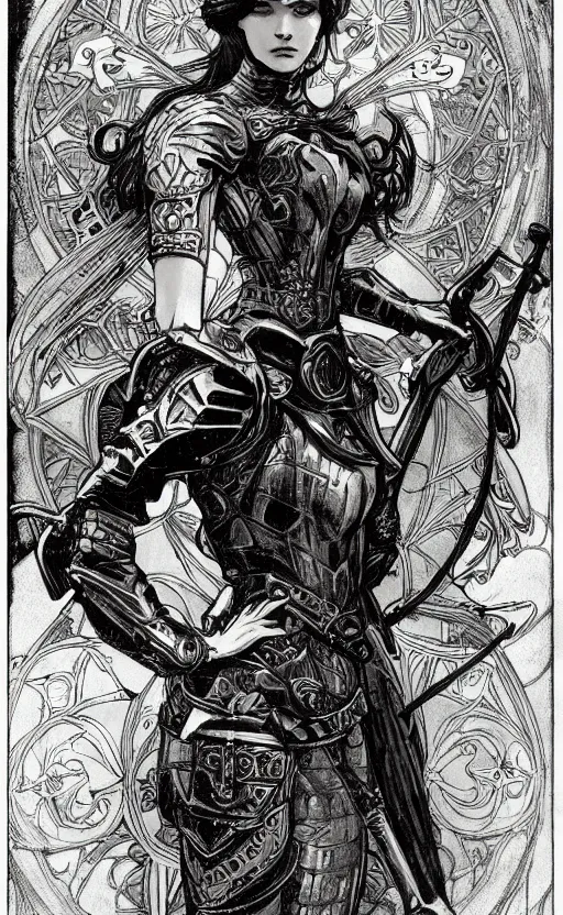 Image similar to armored woman in medieval setting fantasy style, intricate design, detailed, digital art, dark and gritty style, drawn by alphonse mucha