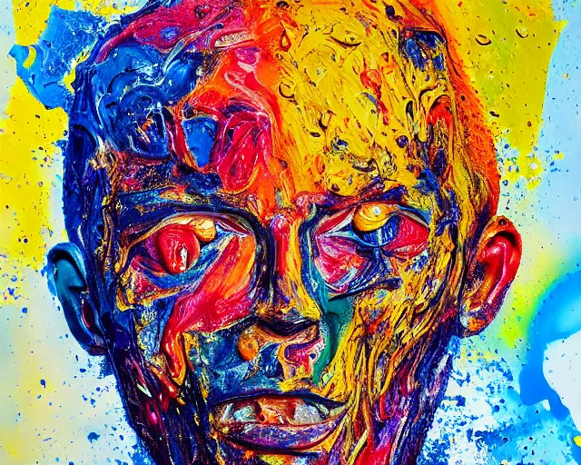 Prompt: abstract expressionist portrait of a head showing strong negative emotions painted with very thick impasto paint and acrylic pour and coloured powder explosion and splashing paint and dripping paint and flying paint chunks, motion blur, hyperrealistic, intricate art photography, anatomically correct, realistic crisp textures, 1 6 k