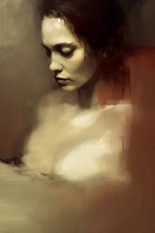 Image similar to detailed cinematic moody colors studio portrait of the memories of a lady in bed, high quality by jeremy mann, only one head single portrait