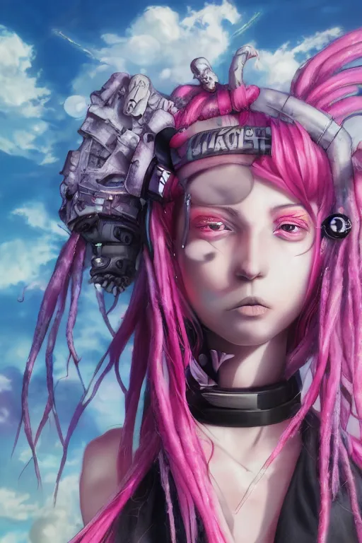 Image similar to portrait of an anime manga cybergoth girl with pink and black floating dreads, straight on portrait, by artgerm, james jean, tom bagshaw, gerald brom, vaporwave colors, lofi colors, vaporwave, lofi, goth vibe, 4 k, smooth, hd, substance designer render,