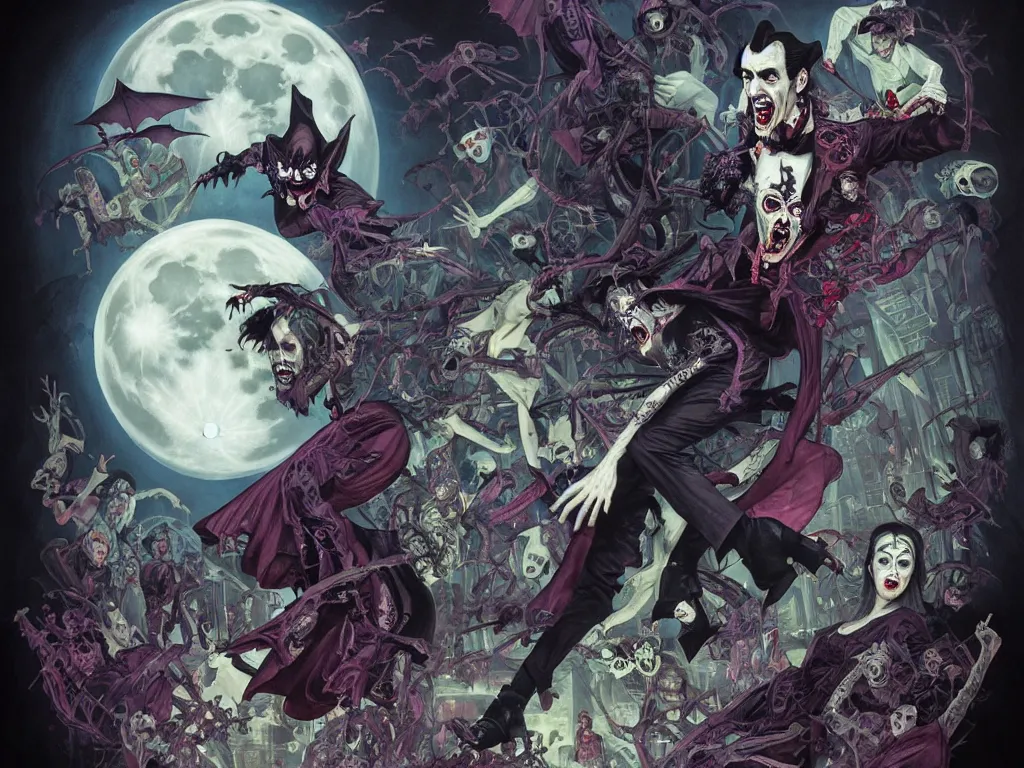 Image similar to dracula dancing on roller skates surrounded by bats and a full moon in the style of american traditional tattoo, neon, cyberpunk, futuristic, stunning, highly detailed, digital painting, smooth, soft focus, illustration, movie poster, japanese typography, digital art from artstation by artgerm and greg rutkowski and alphonse mucha