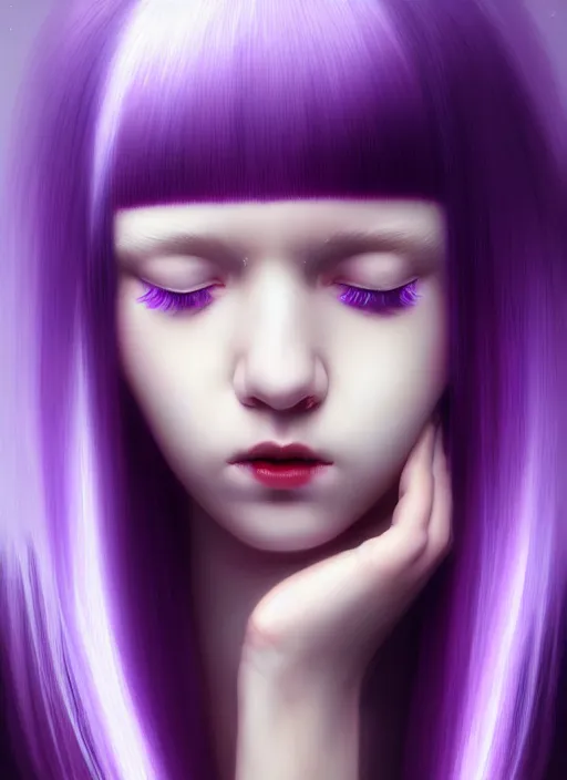 Image similar to hair whitebangs hair, black hair, whitebangs, portrait of teenage girl with white bangs, red irises, purple clothes, white bangs, bangs are different color from hair, intricate, elegant, glowing lights, highly detailed, digital painting, artstation, concept art, smooth, sharp focus, illustration, art by wlop, mars ravelo and greg rutkowski