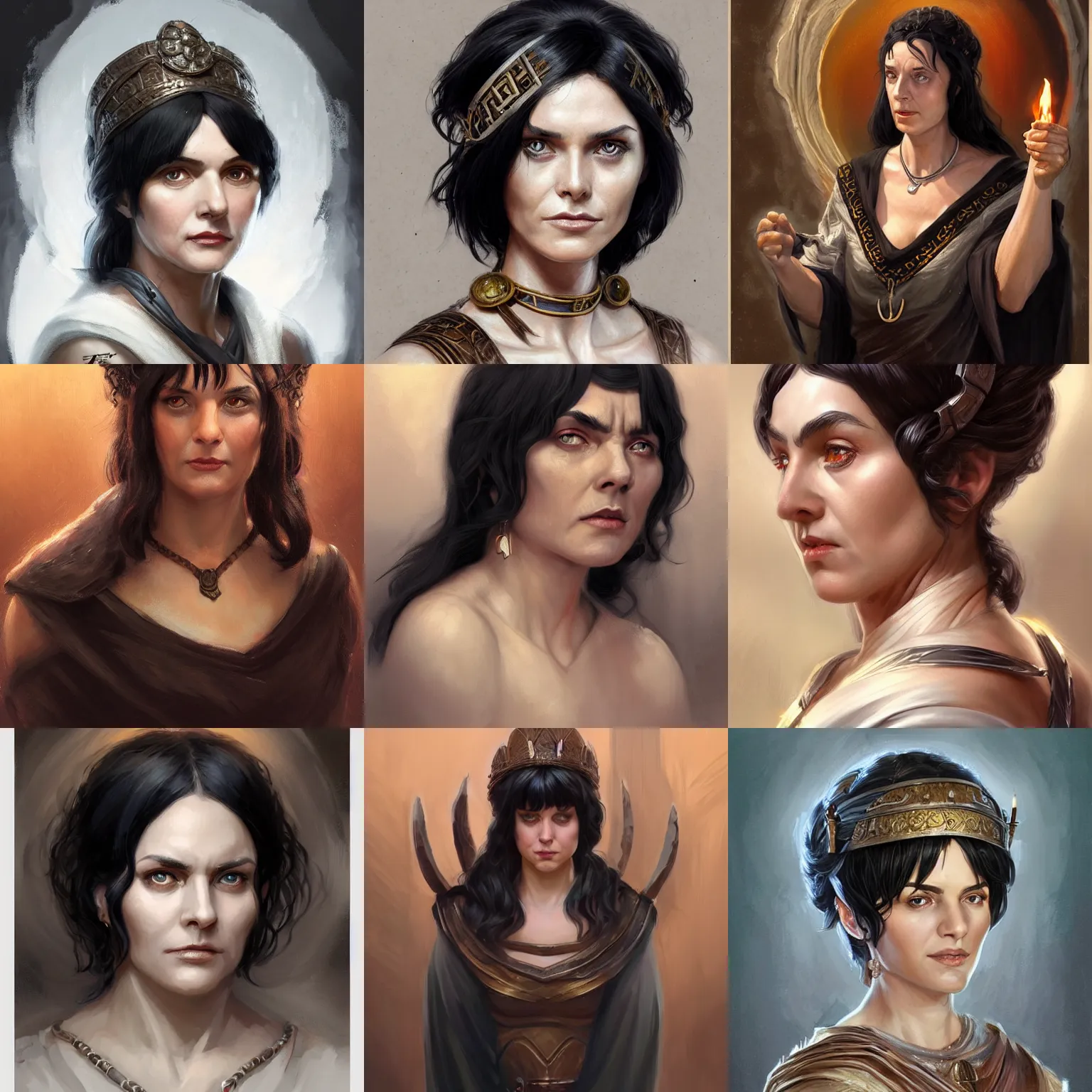 Prompt: hestia, helen mcrory, elderly greek hearth goddess, black hair, tunic, d & d, fantasy, portrait, highly detailed, headshot, digital painting, trending on artstation, concept art, sharp focus, illustration, art by artgerm and greg rutkowski and magali villeneuve