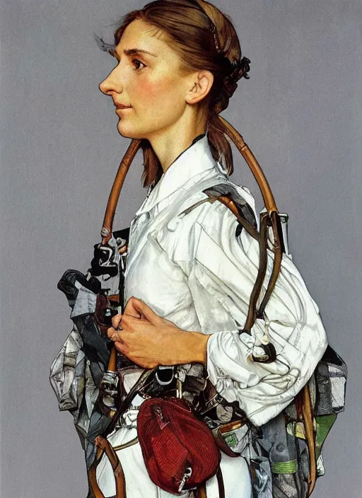 Prompt: a realistic portrait by norman rockwell and alphonse mucha of a russian girl detailed features wearing a cargo wedding dress - sporty, sleek, tech utility - chic trend. lots of zippers, pockets, synthetic materials, jumpsuits chic'techno fashion trend by issey miyake and balenciaga