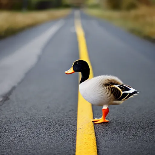 Prompt: a duck crossing a road