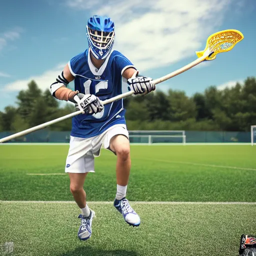 Image similar to lacrosse player, soccer field, cascade helmet, realistic, running, very detailed, 8k, high resolution, ultra realistic, no grain, symmetry, normal proportions, sports illustrated style, Cascade XRS Custom Lacrosse Helmet, brine lacrosse stick, Brine Lacrosse King V Gloves, normal feet, Nike Alpha Huarache 7 Elite, STX Surgeon 700 Lacrosse Arm Guards