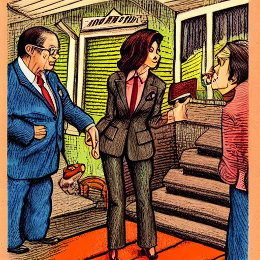 Image similar to The Artwork of R. Crumb and his Cheap Suit Mitch McConnell and Nancy Pelosi, pencil and colored marker artwork, trailer-trash lifestyle