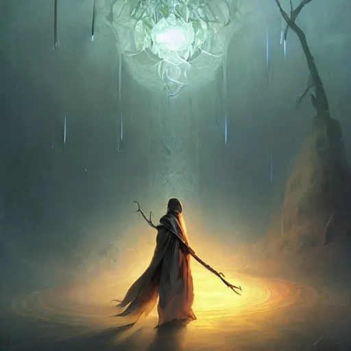 Prompt: ''cinematic shot'' white hooded mage ( specter ) holding a staff with leaves falling simetrical 8 k atmosferic realistic made by ivan aivazovsky, peter mohrbacher, greg rutkowski volumetric light effect broad light oil painting painting fantasy art style sci - fi art style realism premium prints available artwork unreal engine