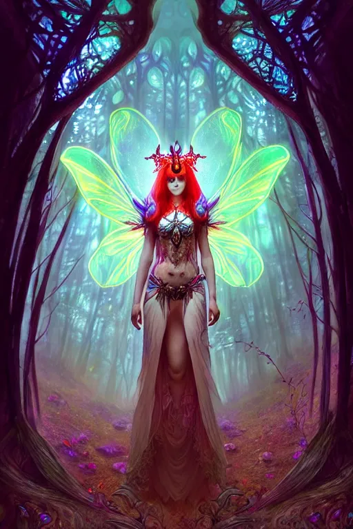 Prompt: stunningly beautiful female faerie priestess in amanita muscaria forest landscape, symmetrical wings on back, symmetrical detailed face, neon hair, fantasy art, dark light night, sharp focus, digital painting, 4 k, concept art, art by wlop, artgerm, greg rutkowski and alphonse mucha