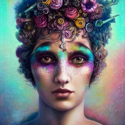 Image similar to Lofi biopunk portrait beautiful woman with short brown curly hair, roman face, unicorn, rainbow, floral, Tristan Eaton, Stanley Artgerm, Tom Bagshaw