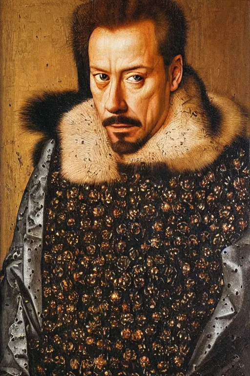 Image similar to portrait of tony stark, oil painting by jan van eyck, northern renaissance art, oil on canvas, wet - on - wet technique, realistic, expressive emotions, intricate textures, illusionistic detail
