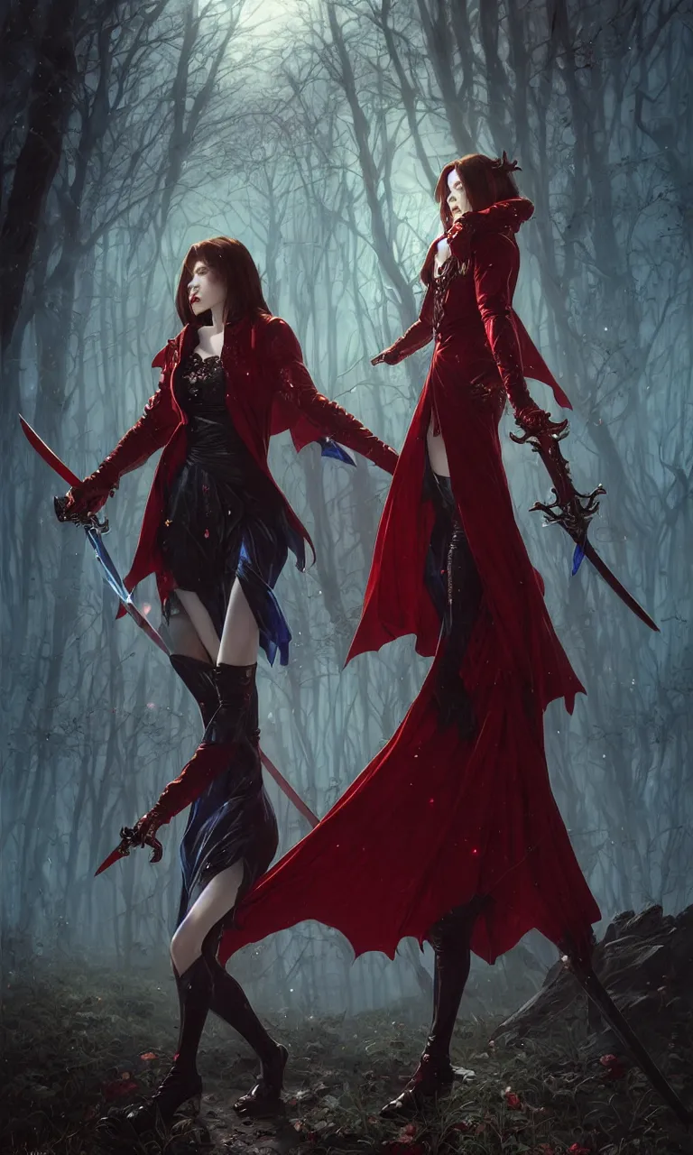 Image similar to full figure, full body, female vampire, pale skin, red jacket, holding a sword wrapped in blue sparkling magic, walking towards the camera, camera pulled back far, detailed illustration, intricate details, surrounded by zombies, 8 k post processing, scary atmospheric lighting, photoshop, art by artgerm and greg rutkowski and alphonse mucha