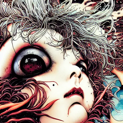 Prompt: closeup of vampire kiss, melting, by yoichi hatakenaka, masamune shirow, josan gonzales and dan mumford, ayami kojima, takato yamamoto, karol bak