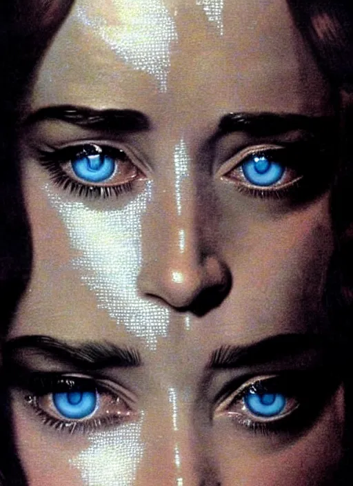 Image similar to 1973 film still from an Italian romance drama film of beautiful Emily Blunt as the goddess of black ice. staring intently at you. focused on her eyes. ultra detailed painting at 16K resolution and amazingly epic visuals. epically beautiful image. amazing effect, image looks gorgeously crisp as far as it's visual fidelity goes, absolutely outstanding. vivid clarity. ultra. iridescent. mind-breaking. mega-beautiful pencil shadowing. beautiful face. Ultra High Definition. godly shading. amazingly crisp sharpness. photorealistic film cel processed twice..