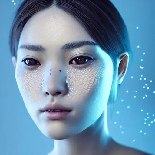 Prompt: intricate highly detailed face portrait of asian - european woman, light blue water vines on her face, intricate, cgsociety, beeple, unreal engine, octane render, sharp focus, smooth, volumetric lighting, cinematic composition, artstation