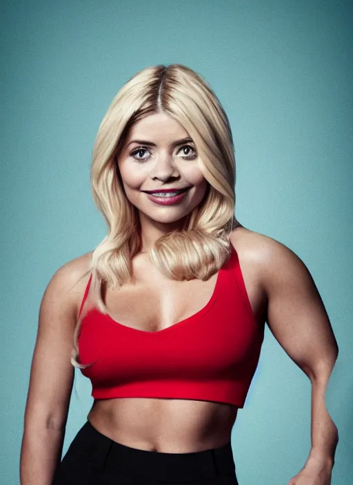 Image similar to holly Willoughby with the physique of a body builder, hyper realistic, ultra detailed, cinematic, dynamic lighting, photorealistic, refined, intricate, digital art, digital painting, masterpiece, 8k