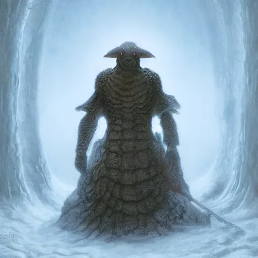 Image similar to anthropomorphic turtle humanoid, carapace, wayne barlowe, blizzard, winter, night, furs, fantasy