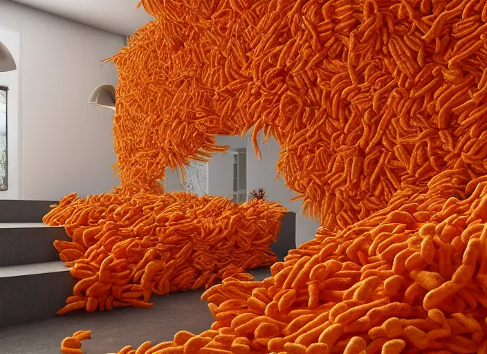 Image similar to a house with walls of cheetos, award winning photography, trending on artstation, highly detailed