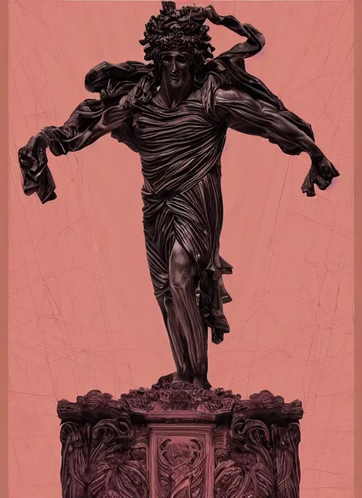 Image similar to elegant dark design poster showing a large greco roman statue of dionysus, black background with very subtle red and purple design elements, bold, powerful, soft gradients, nekro, vito acconci, thin straight purple lines, dark, glitch art, neo vaporwave, gritty, layout frame, square, trending on artstation