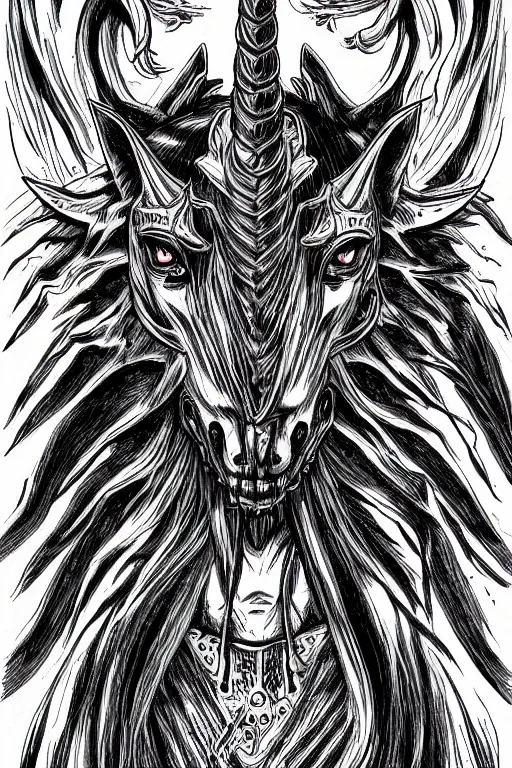 Image similar to bloodthirsty unicorn, symmetrical, highly detailed, digital art, sharp focus, trending on art station, kentaro miura manga art style