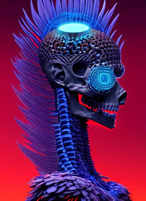 Image similar to 3 d shaman profile portrait, sigma 5 0 0 mm f / 5. beautiful intricate highly detailed quetzalcoatl skull and feathers. bioluminescent, plasma, lava, ice, water, wind, creature, thunderstorm! artwork by tooth wu and wlop and beeple and greg rutkowski, 8 k trending on artstation,