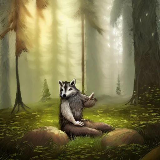 Image similar to a woodland druid in a forest with a wolf bird and racoon, photorealistic, in the style of greg rutkowski, digital painting