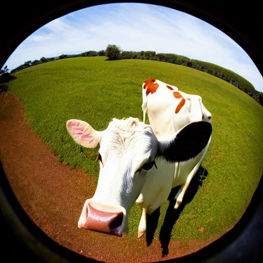 Image similar to a photo of a cow, taken with a fisheye lens