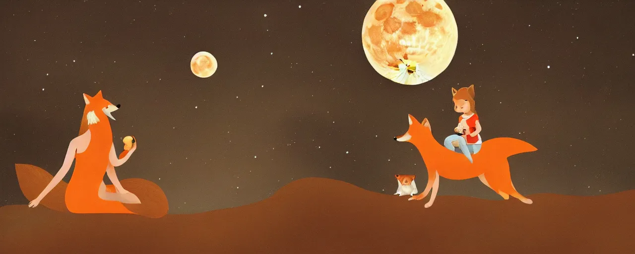 Prompt: a girl sitting on the back of a giant fox, eating peaches under the moon
