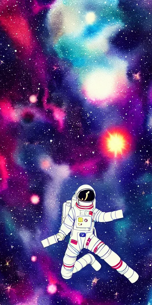 Prompt: oriental water color of a female astronaut, floating through the void of space, stars are spread out, anime movie, highly detailed