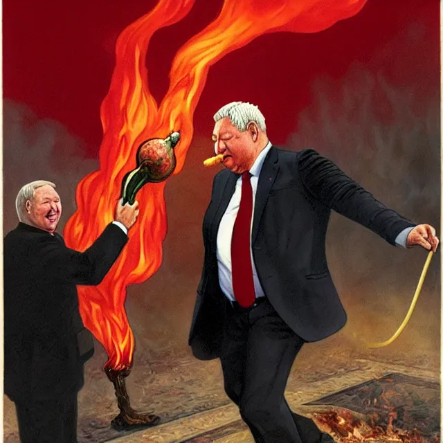 Image similar to president boris yeltsin pours red - hot lead into the mouth of a sinner in hell, infernal art in color