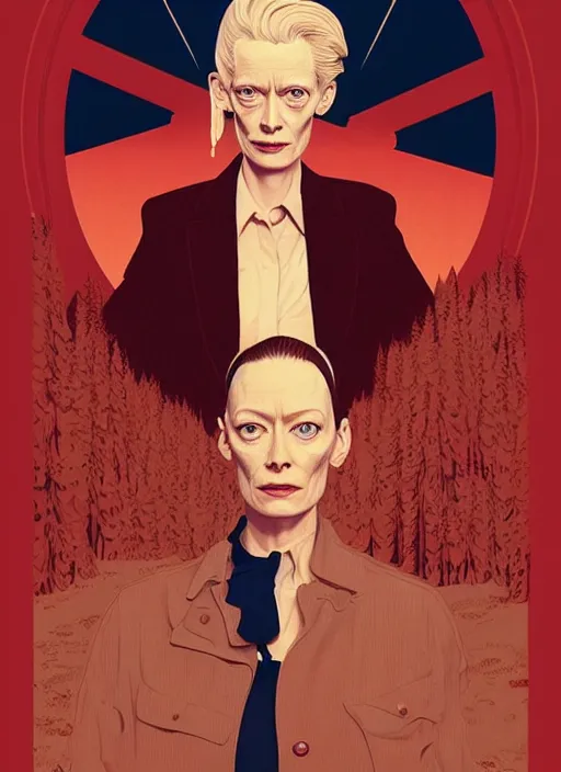 Image similar to Twin Peaks poster artwork by Michael Whelan, Bob Larkin and Tomer Hanuka, Karol Bak of portrait of radio host Tilda Swinton!!!!!!!!!! lounging in her radio sound booth, alone, late at night, from scene from Twin Peaks, simple illustration, domestic, nostalgic, from scene from Twin Peaks, clean, cover of New Yorker magazine