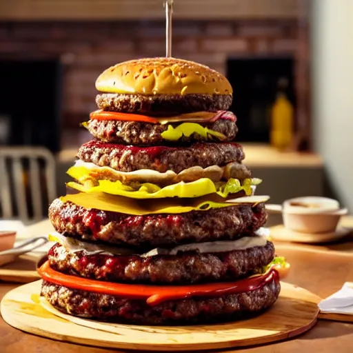 Prompt: a photograph of a giant cheeseburger tower, cooked to perfection, chefs table, netflix, gourmet, three michelin star