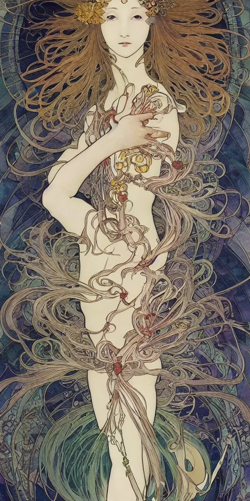 Prompt: a beautiful illustration of the god of wind, style of yoshitaka amano and alfons mucha