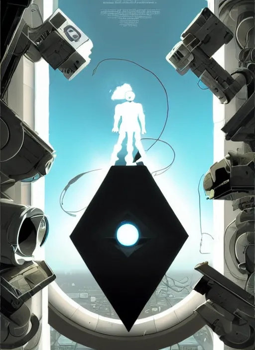 Image similar to poster artwork by Michael Whelan and Tomer Hanuka, of the game Portal, from Valve, Aperture Science, clean