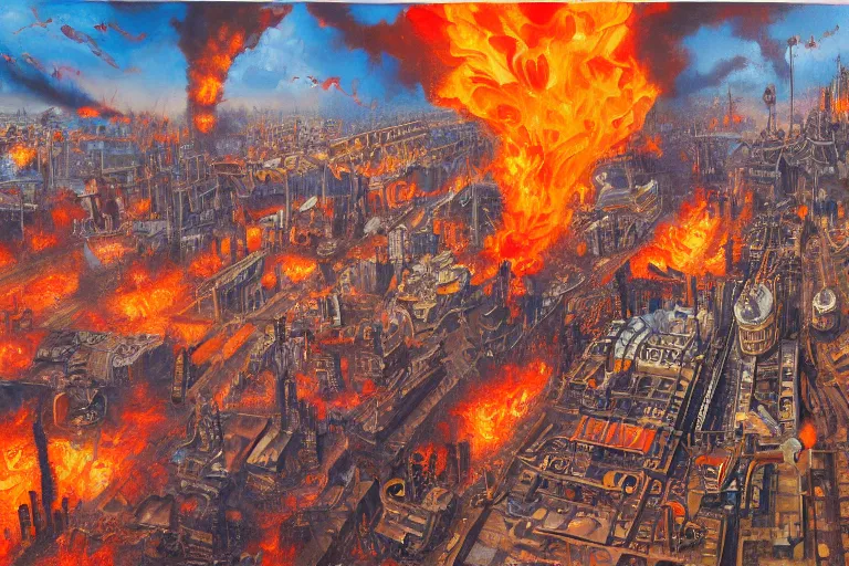 Image similar to steampunk city on fire, aerial view, realist painting, oil on canvas, 8k, high def, macro detail