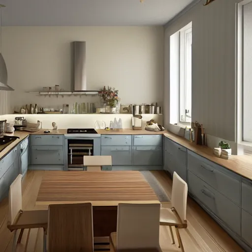 Prompt: interior of a kitchen, golbehi color scheme, photorealist, 4 k