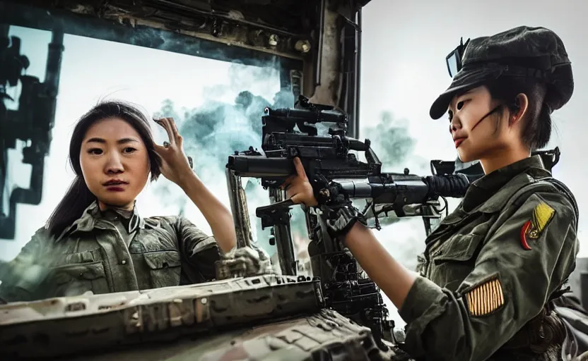 Image similar to portrait photo of a female and asian tank commander spying outside the open window of her tank, highly detailed, smoke and dirt in the background, high resolution, cosplay photo, stunning, girls frontline style, bokeh soft, shot on 70mm, zenithal lightning, trending on instagram, by award winning photographer, realistic human anatomy, real human faces, realistic military carrier, soldier clothing, modern warfare, shot with a professional camera, low saturation, soldier clothing, hard surfaces