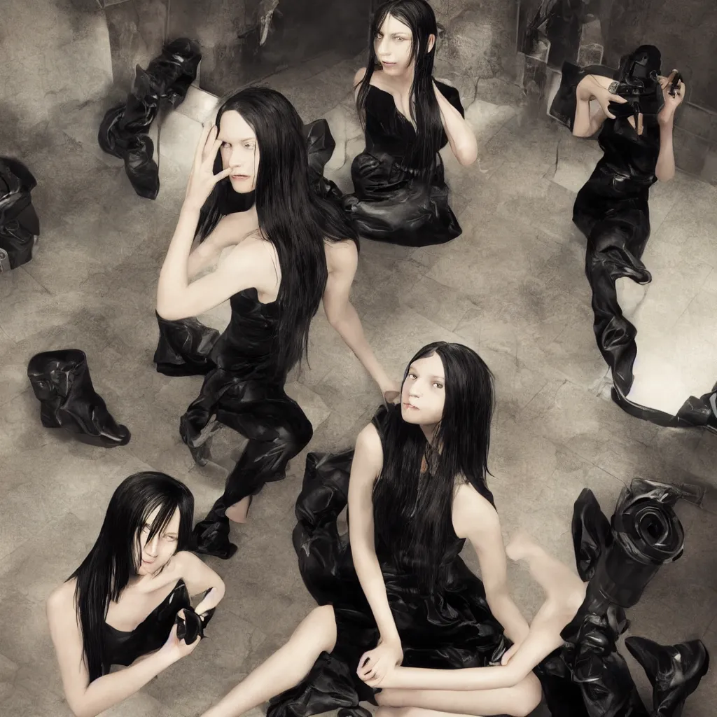 Image similar to photo of young girl with straight long black hair wearing black dress and sitting on bathroom floor, photo made by mario testino and vanessa beecroft, render by artgem for capcom co, resident evil