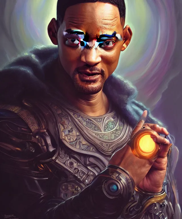 Image similar to Will Smith as a fantasy magic man portrait, sci-fi, amber eyes, face, fantasy, intricate, elegant, highly detailed, digital painting, artstation, concept art, smooth, sharp focus, illustration, art by artgerm and greg rutkowski and alphonse mucha