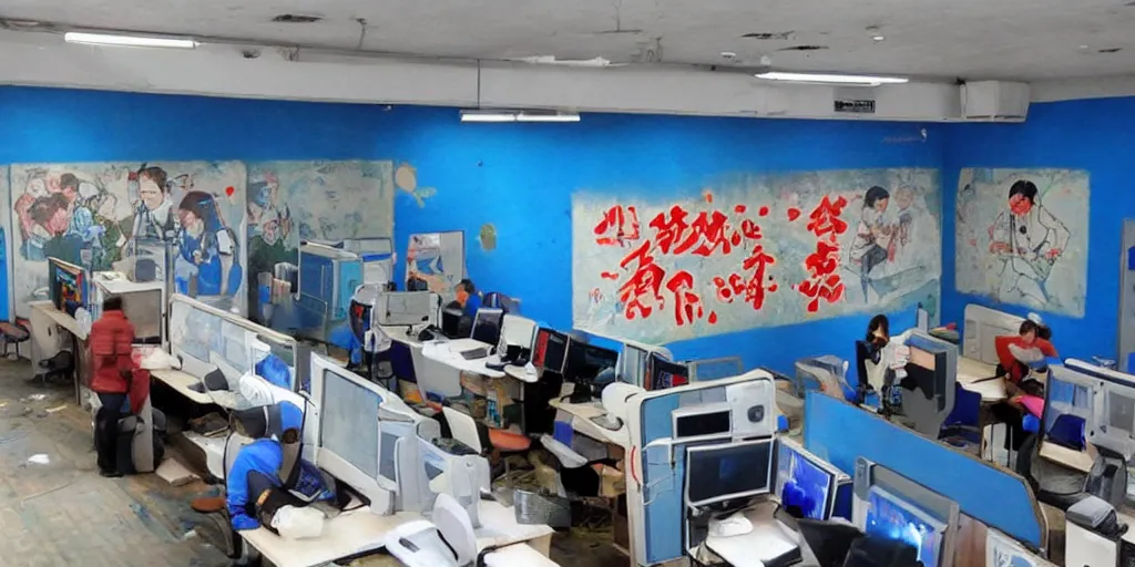 Image similar to a flickr screenshot of an abandoned internet cafe with a blue wall mural, and a japanese sign, with artworks of people playing on computers on the mural