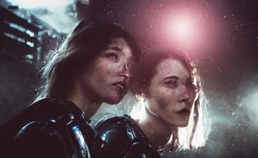 Image similar to cinestill 5 0 d candid photographic portrait by steven spielberg of two loving female androids sobbing wearing rugged black mesh techwear in treacherous waters, flooded city, medium closeup, retrofuturism cyberpunk moody emotional cinematic, pouring iridescent rain bright spotlight helicopter, 8 k, hd, high resolution, 3 5 mm, f / 3 2, ultra realistic faces, ex machina