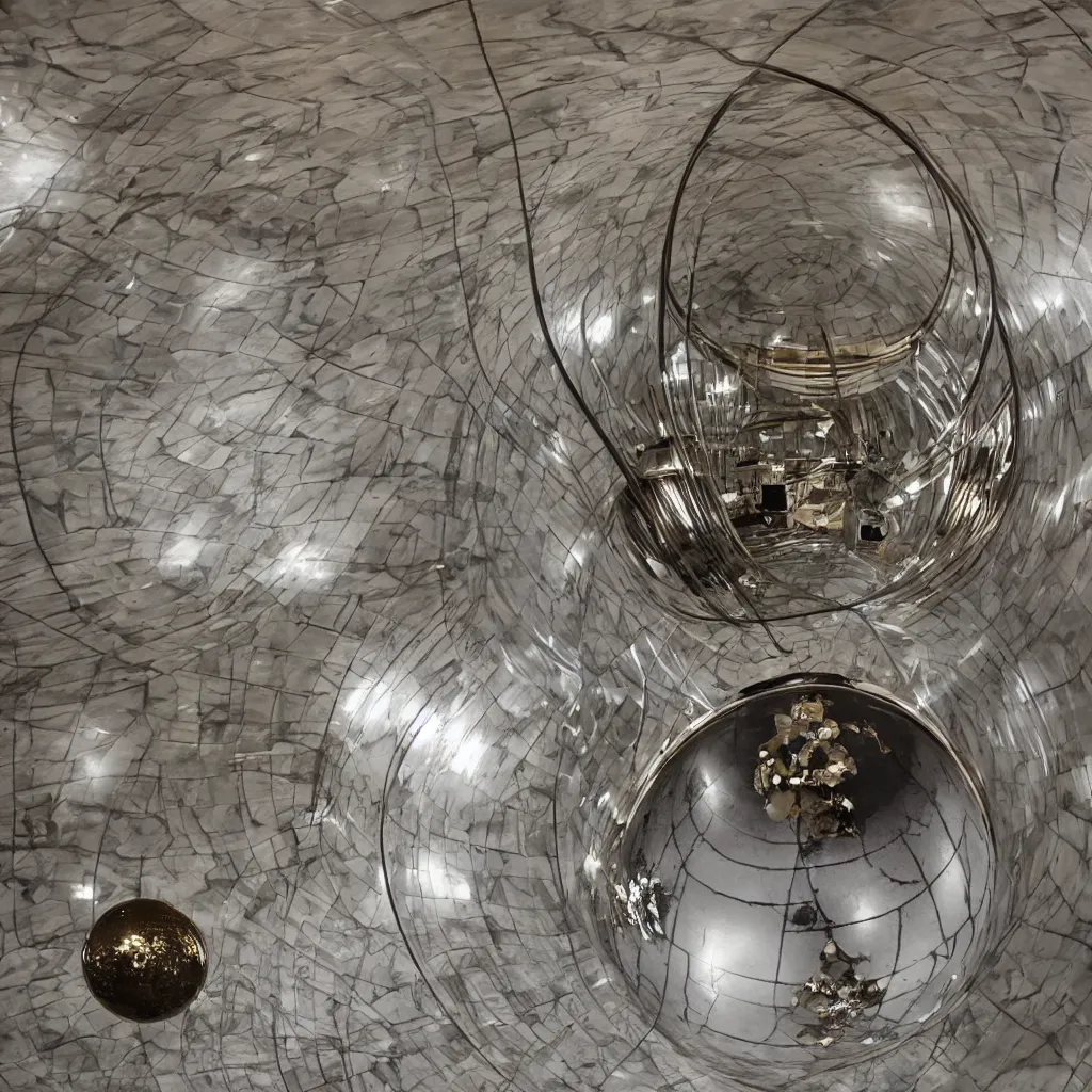 Prompt: perfect metal sphere floating in a giant marble room