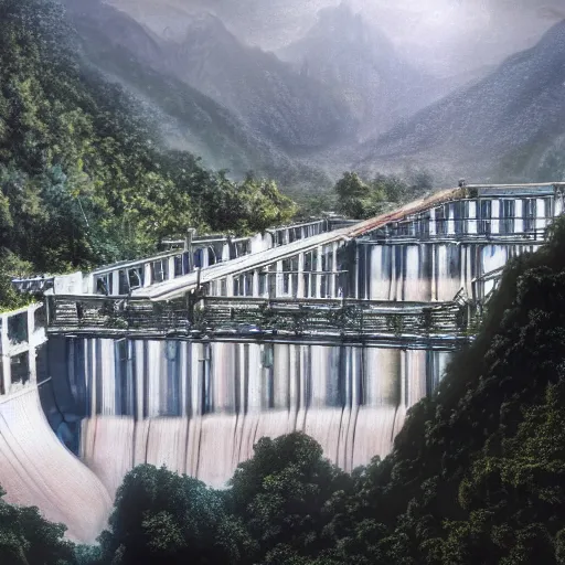 Prompt: hydroelectric dam jungle city, matte painting